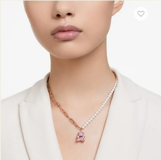Colgante Teddy, Swa, Perla de cristal, Oso, Rosa, Acabado en tono oro rosa