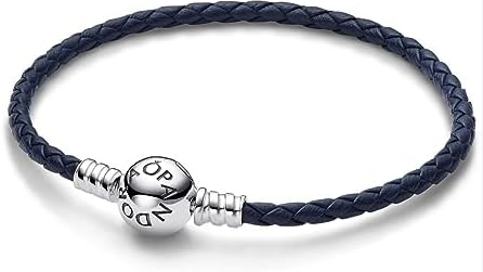 Brazalete Pand de Cuero Trenzado Azul con Broche Redondo Moments Plata 925