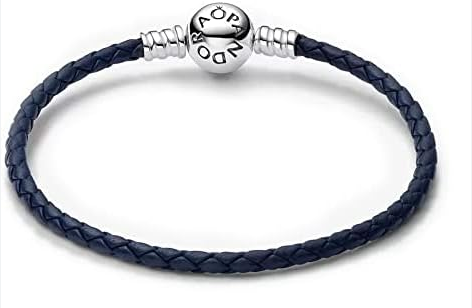 Brazalete Pand de Cuero Trenzado Azul con Broche Redondo Moments Plata 925