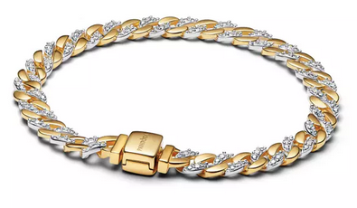 Brazalete de cadena cubana de dos tonos en pavé	Plata Esterlina, Bañado en oro de 14k