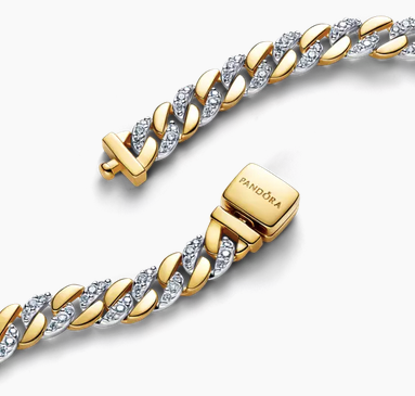 Brazalete de cadena cubana de dos tonos en pavé	Plata Esterlina, Bañado en oro de 14k